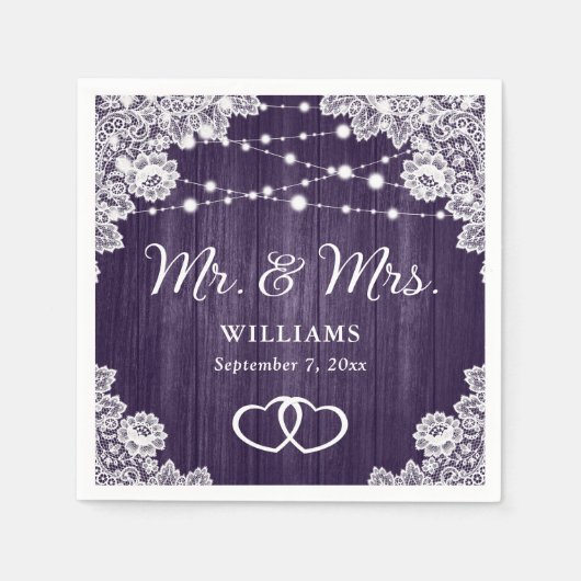 Paarse Rustic Wood Lace String Lights Wedding Servet (Voorkant)
