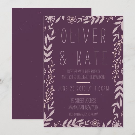 Paarse Rustieke Bloemige Trouw Uitnodiging (Voorkant / Achterkant)