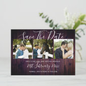 Paarse Rustieke FOTO Collage Bewaar de Datum Trouw Kaart (Staand voorkant)