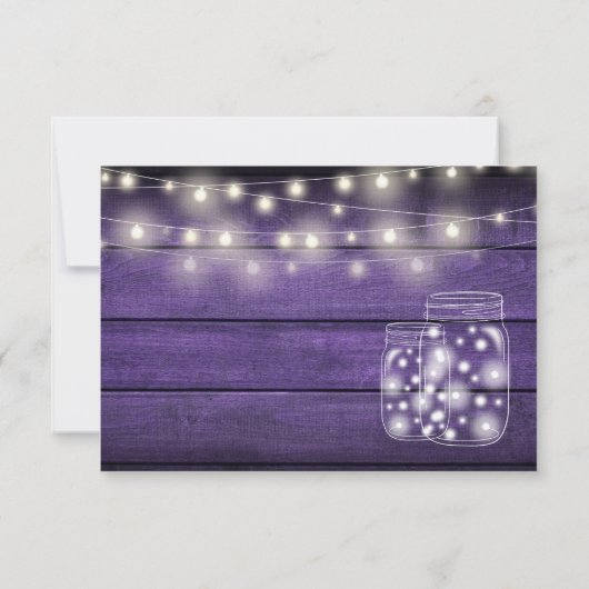 Paarse rustieke houten string verlichting metselaa RSVP kaartje (Achterkant)