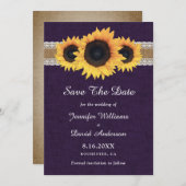 Paarse rustieke land zonnebloem bruiloft save the date (Voorkant / Achterkant)