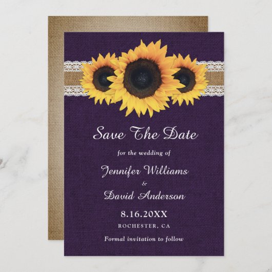Paarse rustieke land zonnebloem bruiloft save the date (Voorkant / Achterkant)