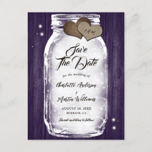 Paarse Rustieke Mason Jar String Lights Hout Weddi Aankondigingskaart