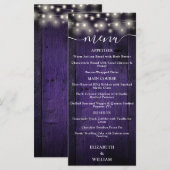 Paarse Rustieke String Lights Schuur Hout Wedding Menu (Voorkant / Achterkant)