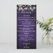 Paarse Rustieke String Lights Schuur Hout Wedding Menu (Staand voorkant)