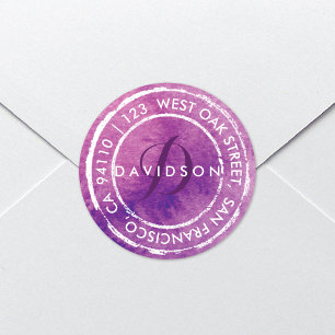 Paarse rustieke Waterverf Monogram   Afgerond adre Ronde Sticker