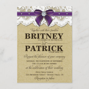 Paarse Rustische  Burlap Wedding Invitations Kaart