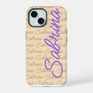 Paarse Sabrina-handtekening naam patroon iPhone 15 Hoesje