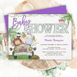 Paarse Safari Dieren Baby shower Uitnodiging