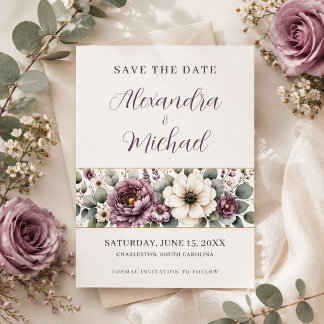 Paarse & Salie Bloemige Trouwdag Save The Date