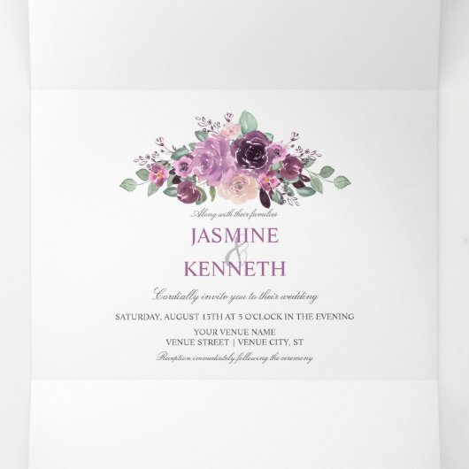 Paarse Sangria Mauve Waterverf Flowers Greenery Drieluik Uitnodiging (Binnenkant midden)