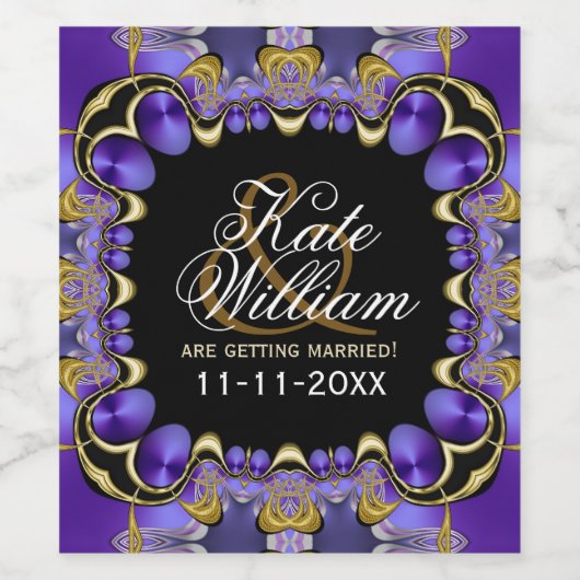 Paarse satin Gold en zwarte fractal Lace Wijn Etiket (Enkel label)