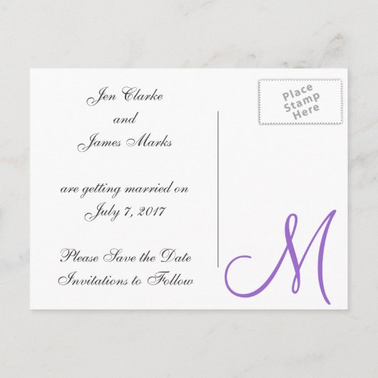 Paarse Save the Date Monogram Briefkaart (Achterkant)