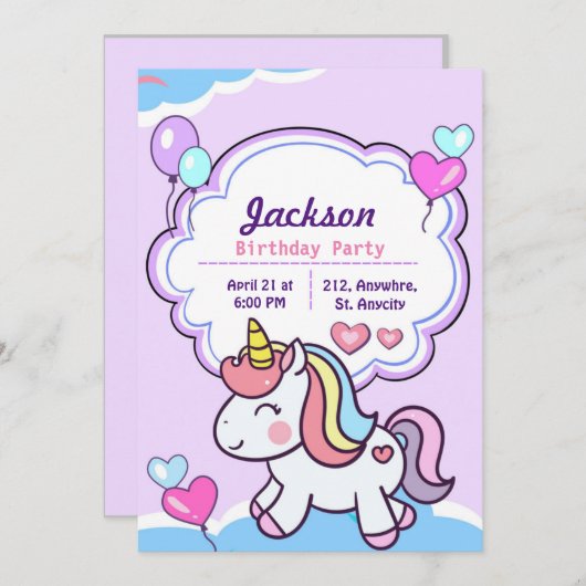 Paarse Schattigee eenhoorn verjaardagsuitnodiging Kaart (Voorkant / Achterkant)