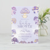 Paarse Schattigee paddenstoel Baby shower uitnodig Kaart (Staand voorkant)