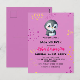 Paarse Schattigee zoete pinguïn Mooie baby shower Briefkaart