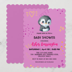 Paarse Schattigee zoete pinguïn Mooie baby shower Kaart