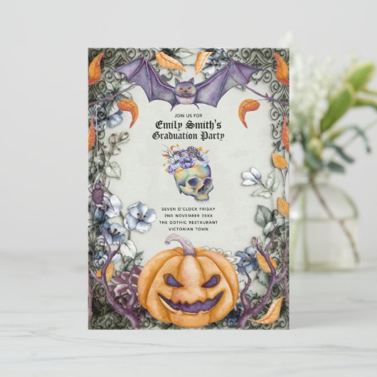 Paarse Schedels Goth Halloween/Muertos Afstuderen Kaart (Staand voorkant)