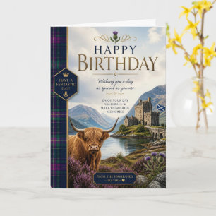 Paarse Schotse Koe Verjaardagskaart met Tartan Kaart