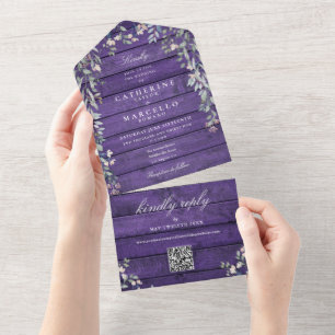 Paarse Schuur Rustieke Houten Bloem QR Code Trouwe All In One Uitnodiging