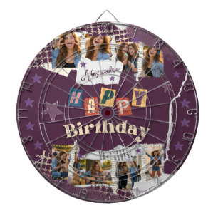 Paarse scrapbook geboortefoto collage dartbord