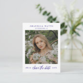 Paarse Script Sweet 16 Foto Opslaan datum Aankondigingskaart (Staand voorkant)