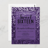 Paarse Sequins/Glitter Chic Sweet 16 Uitnodiging (Voorkant / Achterkant)