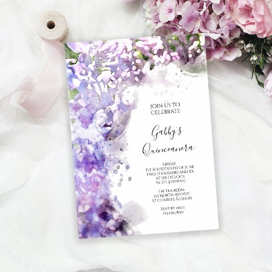 Paarse Sering Bloemen Aquarel Quinceanera Feest Kaart