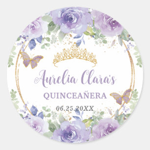 Paarse Sering Bloemige Quinceañera Kroon Vlinders Ronde Sticker