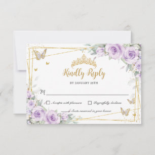 Paarse Sering Lila Bloemig Goud 15 Quinceañera RSVP Kaartje