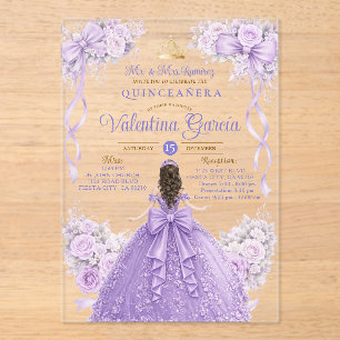 Paarse Seringenkroon Gouden Quinceañera-jurk Verja Acryl Uitnodigingen