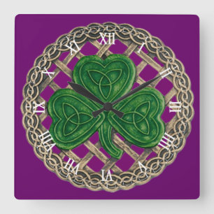 Paarse Shamrock & Celtic Knots Roman Numeral Clock Vierkante Klok