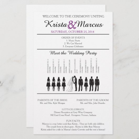 Paarse Silhouettes Wedding Program Flyer (Voorkant / Achterkant)