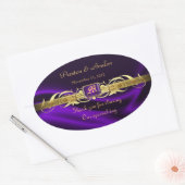Paarse Silk Gold Scroll Ovale Trouwwijn Sticker (Envelop)