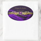 Paarse Silk Gold Scroll Ovale Trouwwijn Sticker (Tas)