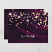 Paarse Silk & Gold Sparkle Glam Save the Date Aankondigingskaart (Voorkant / Achterkant)