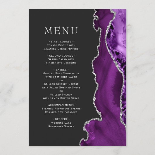 Paarse Silver Agate Dark Wedding Menu (Voorkant)