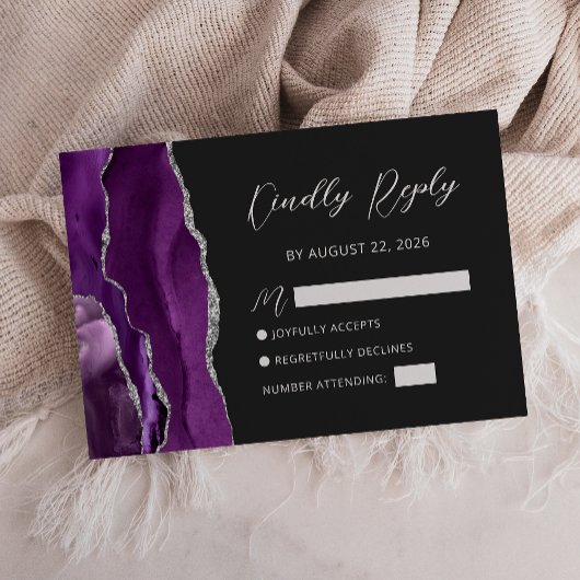 Paarse Silver Agate Script Wedding RSVP Kaart
