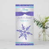 Paarse Silver Aqua Glitter Sneeuwvlokken Menu Kaar (Staand voorkant)