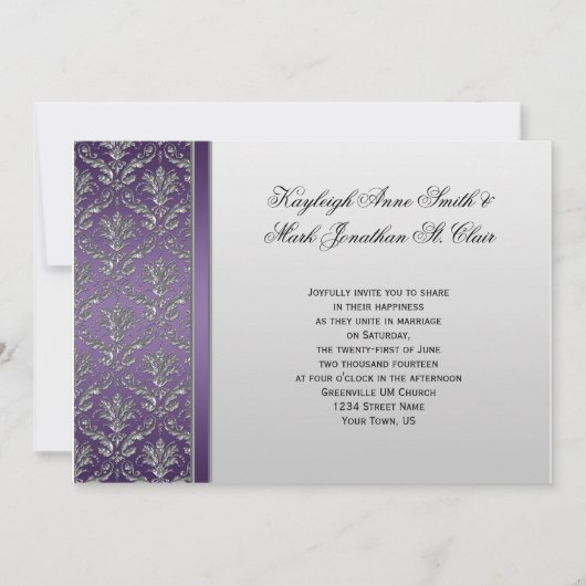  Paarse Silver Damask Wedding Uitnodiging (Voorkant)