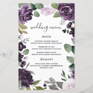 Paarse Silver Elegant Floral Wedding Menu Kaarten