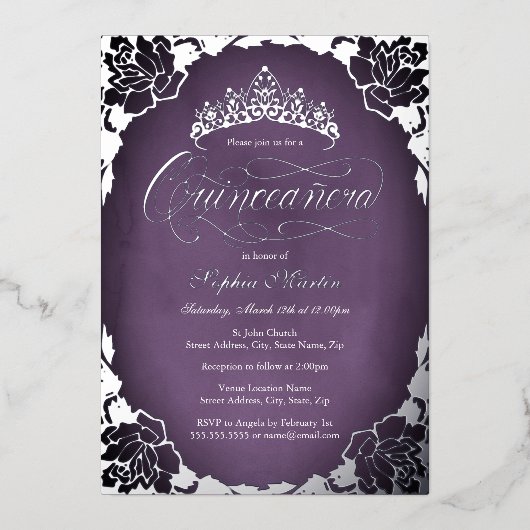 Paarse Silver Elegant Script Roos Quinceanera Folie Uitnodiging (Voorkant)