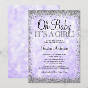 Paarse Silver Faux Glitter Lights Baby shower Kaart