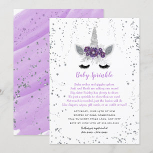 Paarse Silver Floral Unicorn Baby Sprinkle Kaart