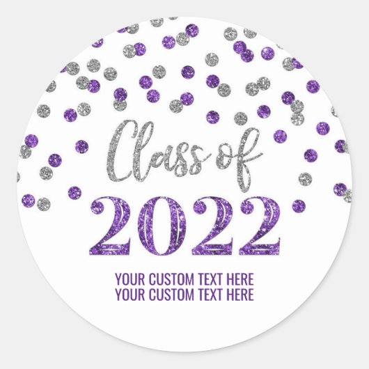 Paarse Silver Glitter Confetti Afstuderen 2022 Ronde Sticker (Voorkant)