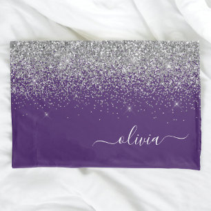 Paarse Silver Glitter Girly Glam Monogram Kussensloop