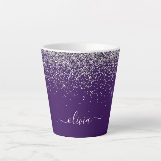 Paarse Silver Glitter Girly Glam Monogram Latte Mok (Voorkant)