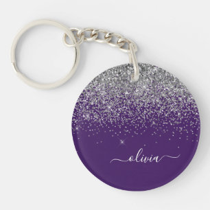 Paarse Silver Glitter Girly Glam Monogram Sleutelhanger