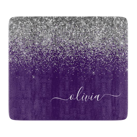 Paarse Silver Glitter Girly Glam Monogram Snijplank (Voorkant)