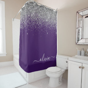 Paarse Silver Glitter Girly Monogram Naam Douchegordijn